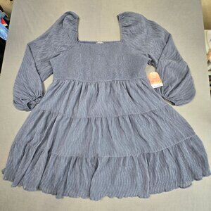 NEW Arula Blue Tiered Long Sleeve Smocked Dress 3X Milkmaid Boho Peasant
